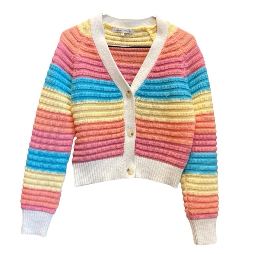 English Factory Raised Knit Cotton Rainbow Button Sweater SZ S